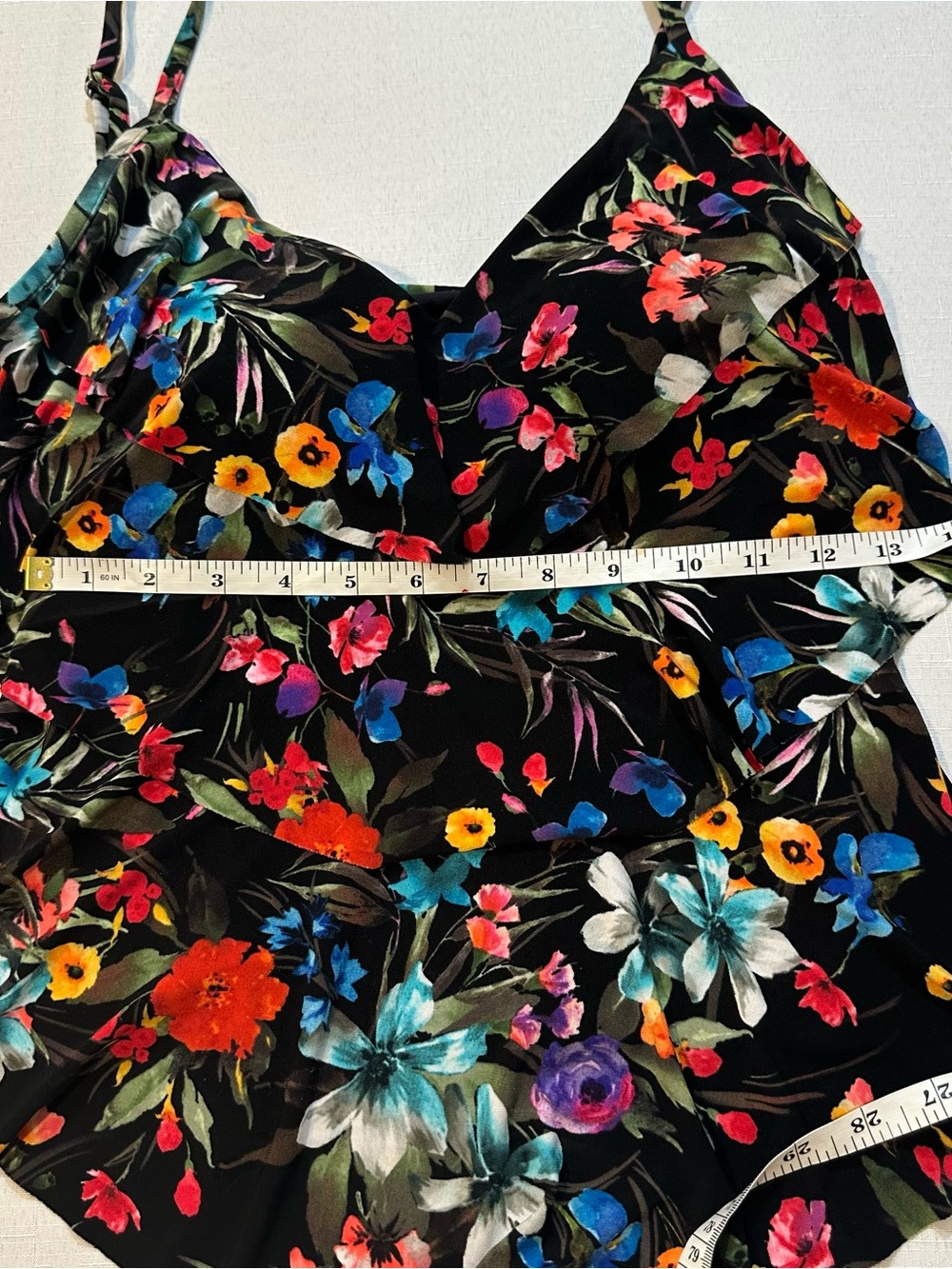 Aqua Green Floral Tankini Swim Top Medium Black Tropical Ruffle Built-In Cups - Picture 10 of 16